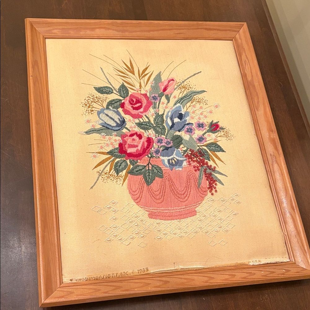 Floral beaded Crewel Flowers in Pink Bowl with a  Wood Frame